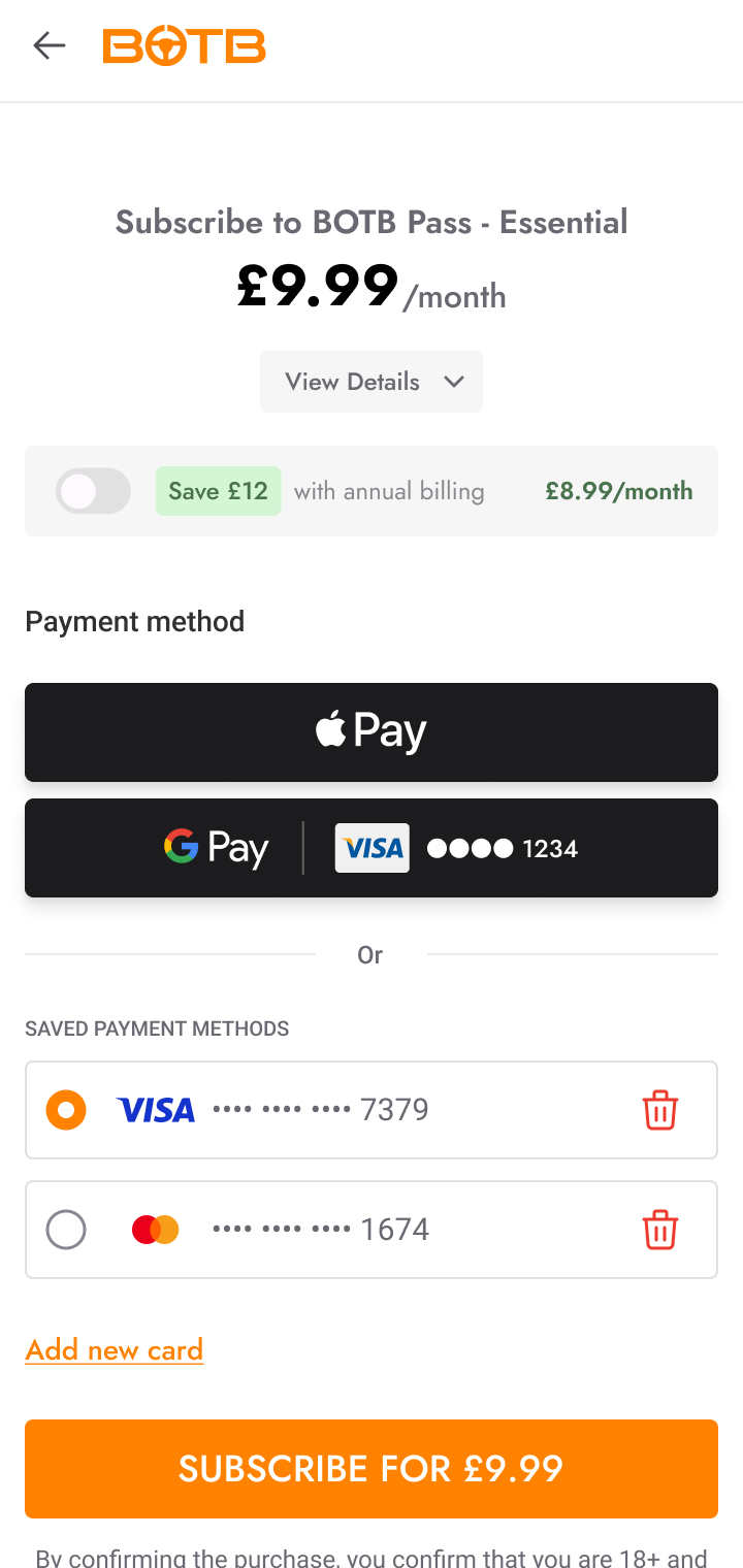 Checkout: subscribe to BOTB Pass Essential, payment methods