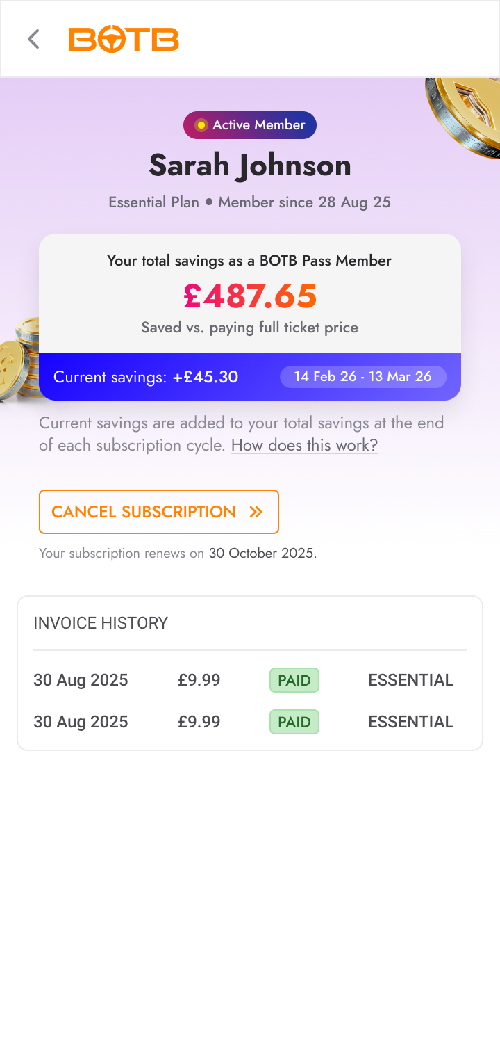 Manage subscription: savings, cancel, invoice history