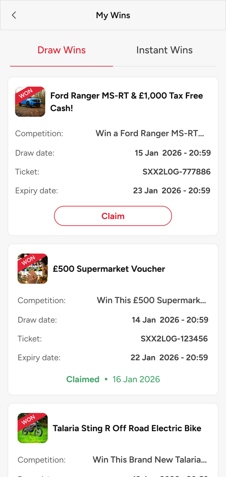 My Wins: claimable list with expiry