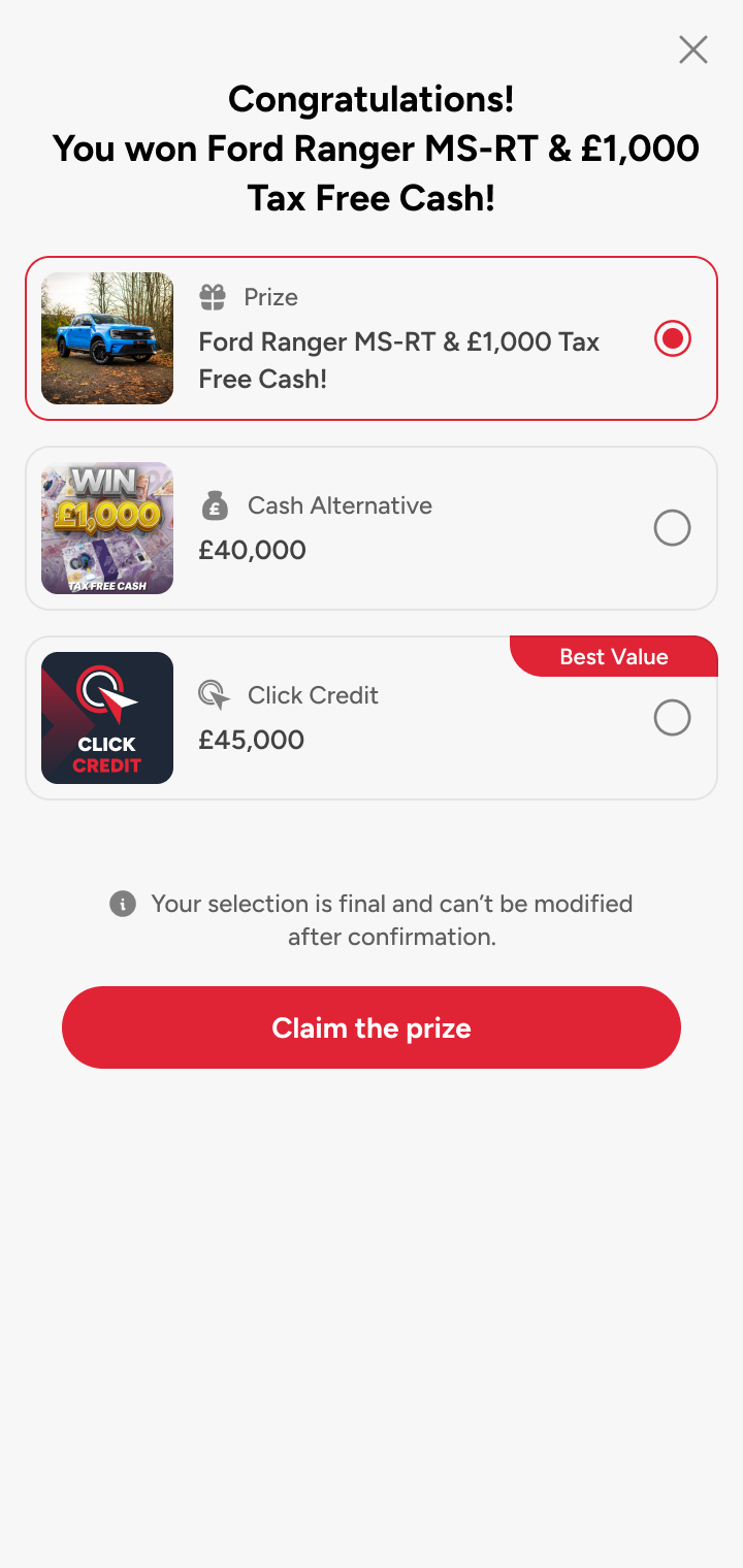 Choose your reward: prize, cash alternative or Click Credit