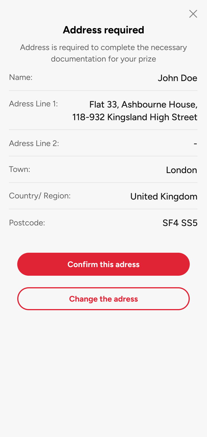 Address required: confirm for physical prize