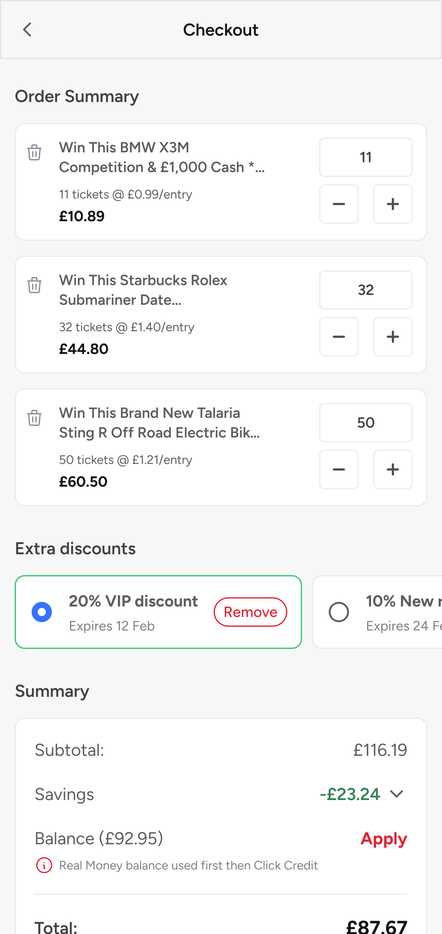 Checkout after: order review, vouchers + wallet balance