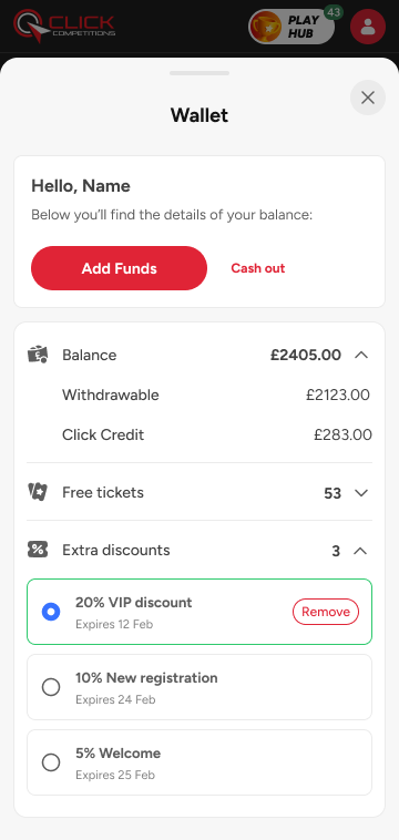 Wallet hub: balance split into withdrawable and Click Credit, free tickets, discounts