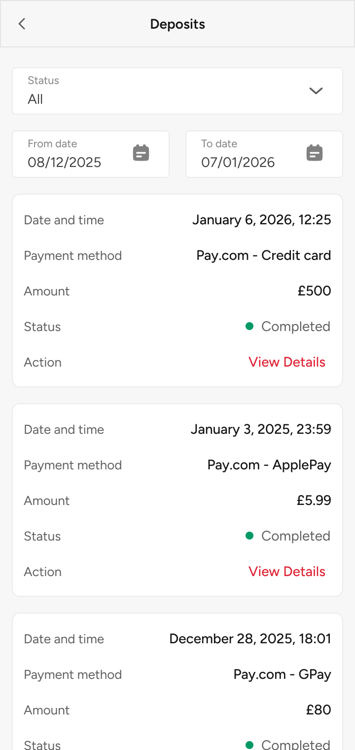 Deposits: filterable history with status, method and amount